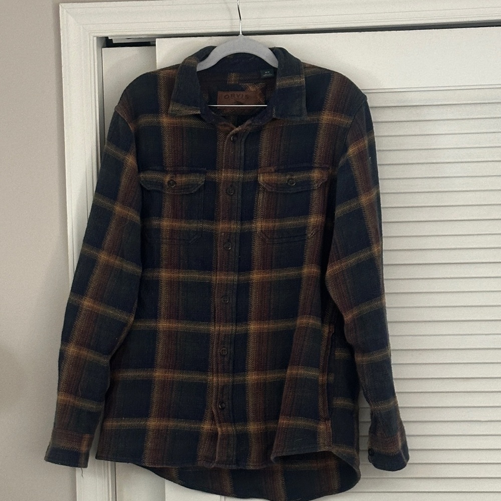 Orvis Navy and Mustard Plaid Shirt